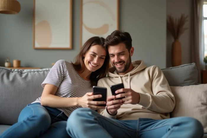 Couple consultant le service Muchos ensemble sur smartphone dans un salon contemporain