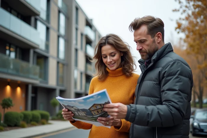 Couple visitant un immeuble résidentiel à vendre pour leur premier investissement immobilier