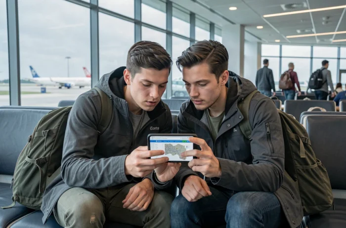 Couple de voyageurs consultant la page sitemap de Seek et Travel sur smartphone dans un aéroport