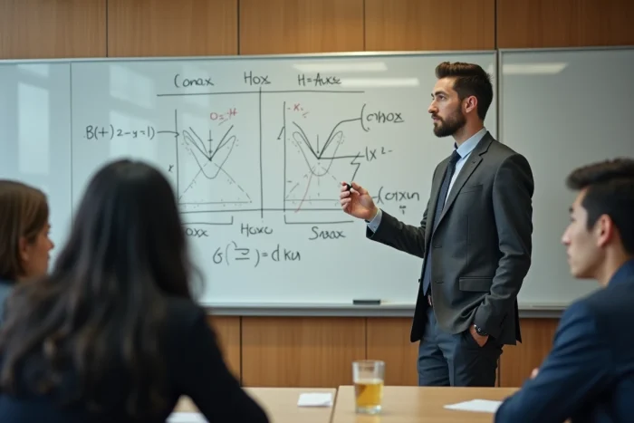 Professeur ou consultant présentant des modèles mathématiques avancés dans le cadre d'une formation master en finance