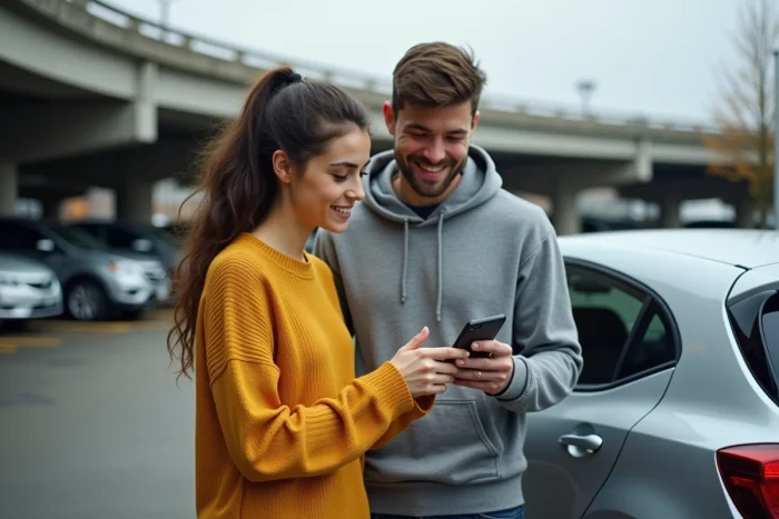 Deux covoitureurs consultant les frais de service et le récapitulatif tarifaire Blablacar sur un smartphone dans un parking