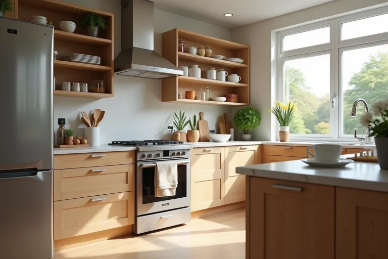 Cuisine moderne entièrement équipée avec électroménager encastré, plan de travail en marbre et rangements en bois ouverts