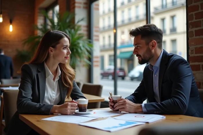 Deux jeunes professionnels de la finance discutant des débouchés et salaires après un master El Karoui dans un espace de coworking parisien