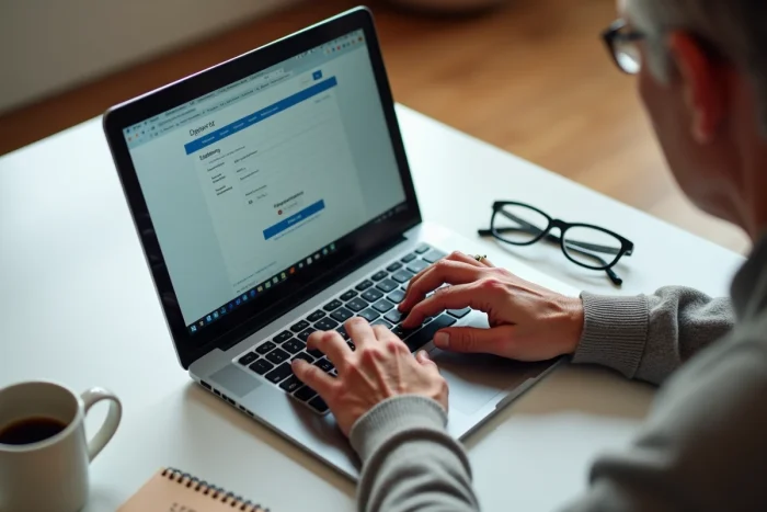 Mains d'une personne de 55 ans effectuant une demande de retrait CPF en ligne sur ordinateur portable