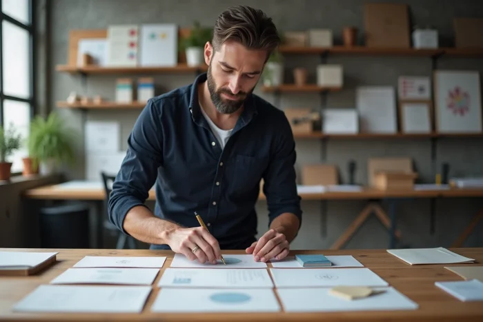 Designer comparant des cartes de papeterie personnalisées imprimées sur une table de studio professionnel