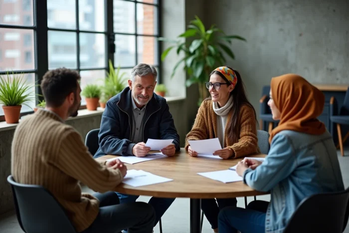 Groupe de personnes engagées dans un dialogue interreligieux et spirituel dans un espace communautaire urbain