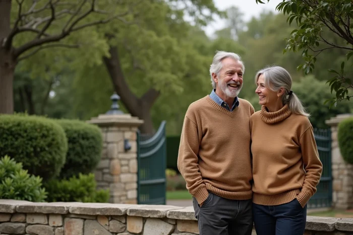 Duo détendu riant près d'un mur en pierre dans un jardin de campagne française, atmosphère naturelle et complice