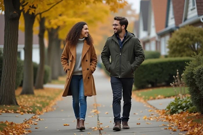 Duo marchant dans une rue arborée en automne, symbolisant un parcours commun et des liens familiaux discrets