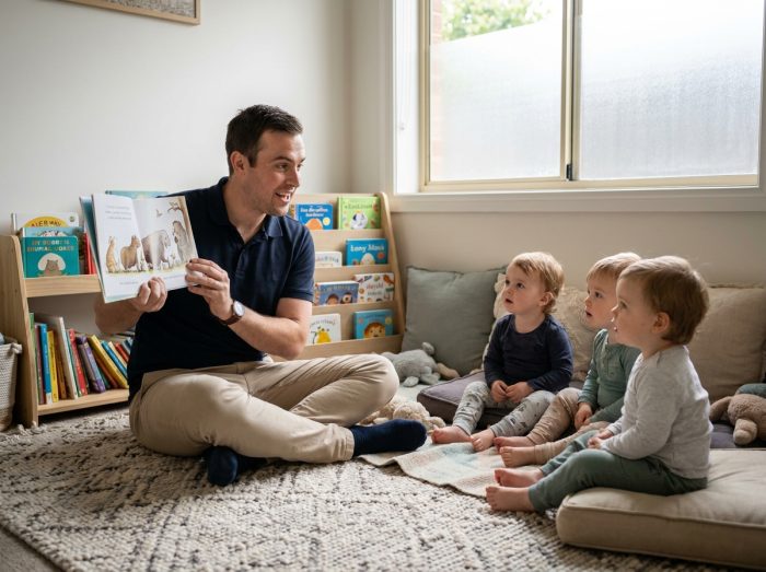 Éducateur de jeunes enfants lisant un album illustré à un groupe de tout-petits dans le coin lecture d'une crèche