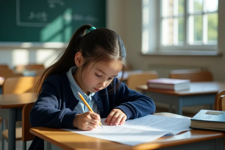 Élève de 5e en classe consultant sa moyenne sur une copie annotée posée sur un bureau en bois