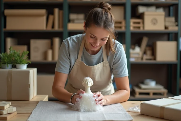 Femme emballant soigneusement une sculpture en céramique avec du papier bulle dans un atelier d'emballage professionnel