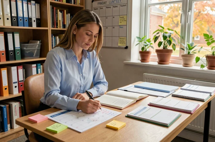 Enseignante organisant son année scolaire 2026 avec un calendrier scolaire papier et des notes colorées dans une salle des professeurs à Grenoble