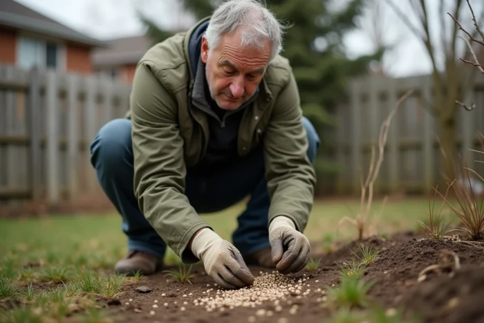 Homme épandant des graines de gazon à la main sur une zone de sol nu dans un jardin résidentiel au printemps