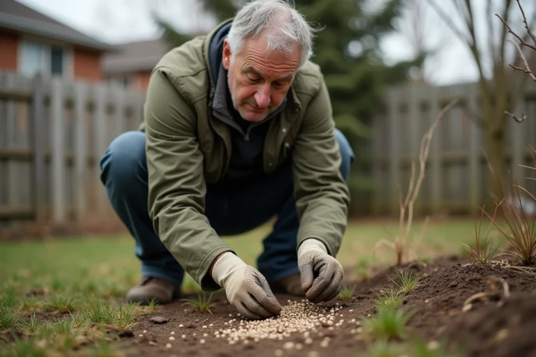 Homme épandant des graines de gazon à la main sur une zone de sol nu dans un jardin résidentiel au printemps