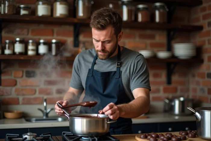 Homme en tablier tempérant du chocolat fondu au bain-marie avec un thermomètre à confiserie et des moules à chocolat dans une cuisine artisanale
