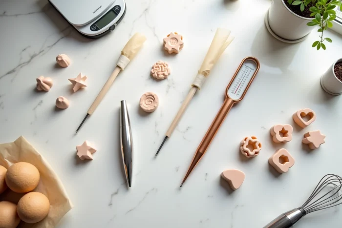 Vue du dessus d'un plan de travail en marbre avec des équipements de gourmandises maison incluant thermomètre à sucre, moules en silicone, poches à douilles et balance numérique