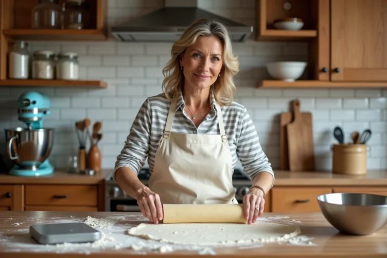 Femme en tablier préparant de la pâtisserie maison entourée d'équipements de cuisine indispensables comme un robot pâtissier, des bols en inox et une balance de cuisine