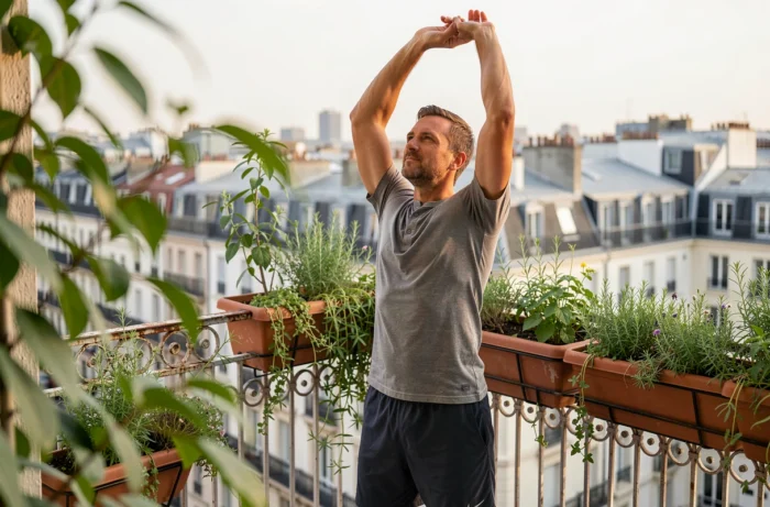 Homme effectuant des étirements matinaux sur un balcon jardin urbain dans le cadre d'une routine bien-être quotidienne
