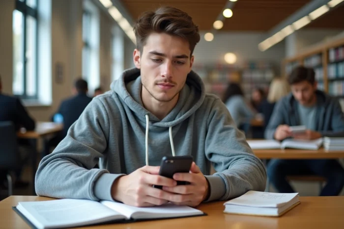 Étudiant consultant son mail académique ac Aix-Marseille sur smartphone dans une bibliothèque universitaire