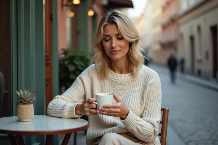 Femme blonde au style naturel assise dans un café avec une tasse de café, représentant la vie discrète et ordinaire de l'ex-compagne de Paul Walker