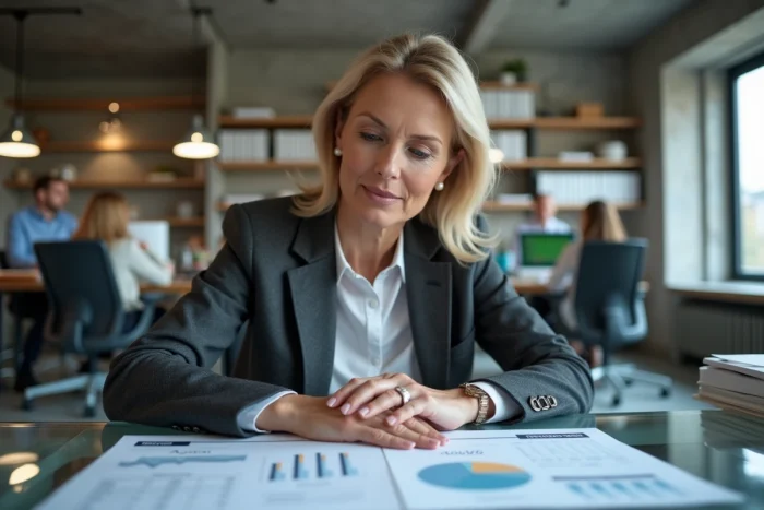 Conseillère experte en transmission d'entreprise analysant un dossier financier dans un cabinet de conseil professionnel