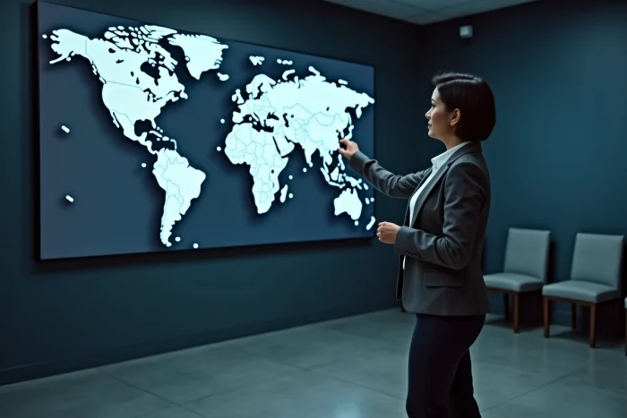 Experte en géopolitique présentant une carte du monde lors d'un briefing international