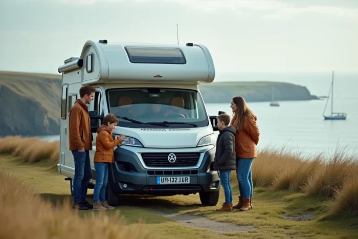 Famille installant un badge avec le surnom de leur camping-car devant un panorama côtier ensoleillé