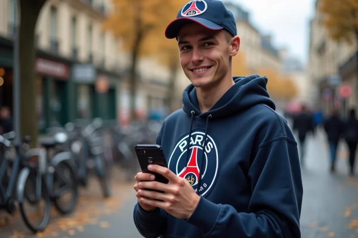 Fan PSG tenant un iPhone avec fond d'écran PSG dans une rue parisienne en automne