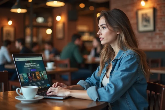 Femme utilisant un laptop dans un café pour explorer des alternatives aux forums de partage de fichiers gaming