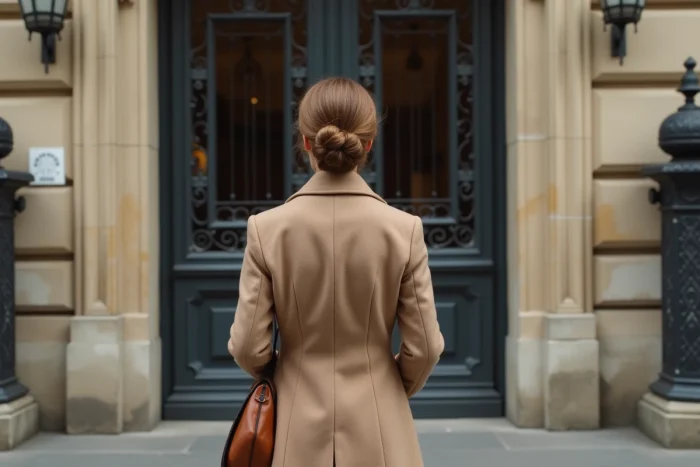Femme élégante de dos devant un immeuble parisien haussmannien évoquant la discrétion et l'anonymat de l'épouse d'un grand dirigeant industriel