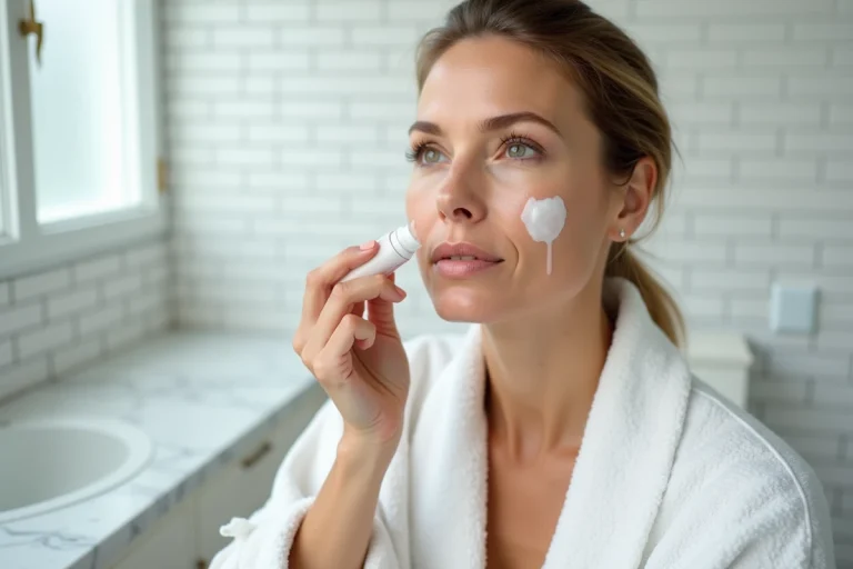 Femme appliquant le gel Ialuset sur son visage dans une salle de bain moderne, routine de soin cutané avant-après