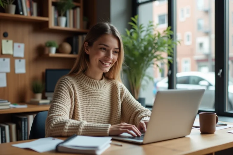 Jeune femme apprenant en ligne depuis son bureau à domicile avec un ordinateur portable et des notes