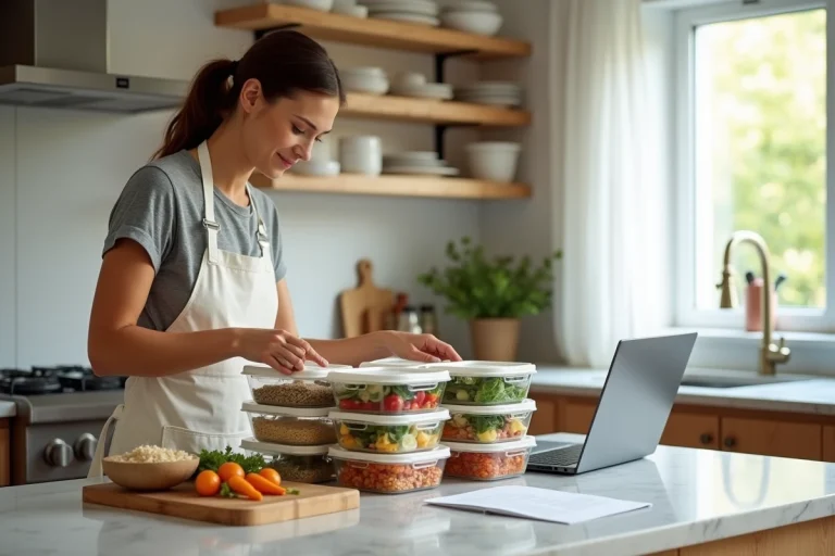 Femme organisant ses repas de la semaine en batch cooking avec des boîtes en verre et un guide PDF imprimé sur le plan de travail