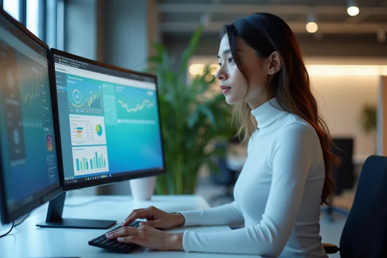 Femme professionnelle interagissant avec un grand écran incurvé affichant des interfaces high-tech dans un bureau moderne