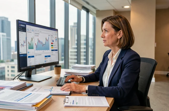 Femme cadre professionnelle consultant les actualités économiques sur un écran dans un bureau moderne