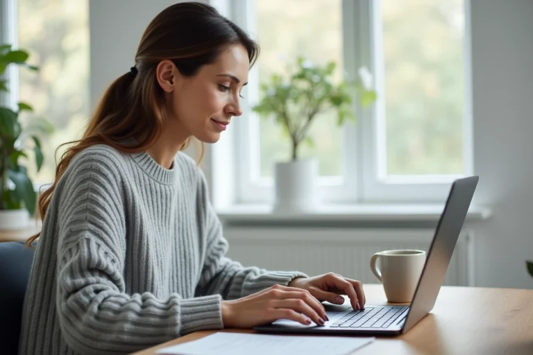 Femme comparant des offres de banques en ligne sur son ordinateur portable dans un bureau à domicile moderne