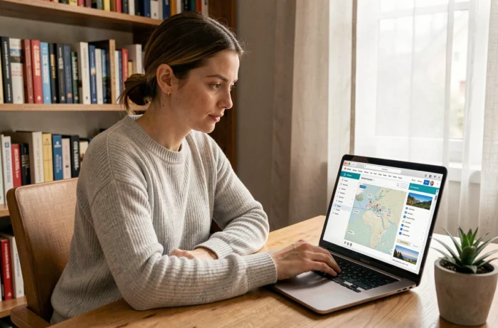 Femme consultant la page sitemap du site Seek et Travel sur un ordinateur portable dans un bureau à domicile