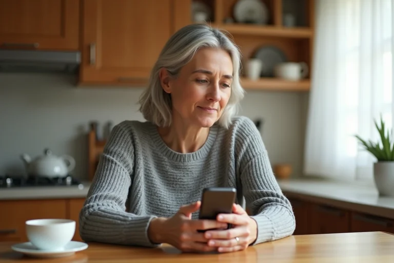 Femme d'âge mûr consultant un avis sur l'application médicale Livi depuis son smartphone dans sa cuisine