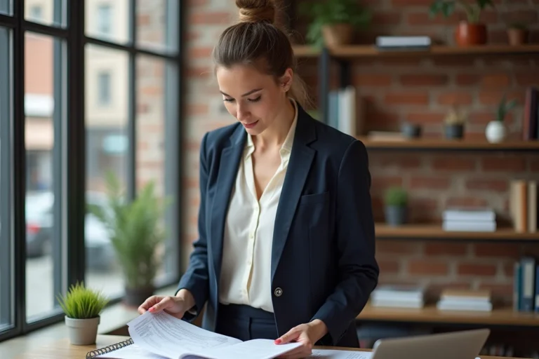 Femme entrepreneure confiante dans un espace de coworking moderne, consultant des documents professionnels