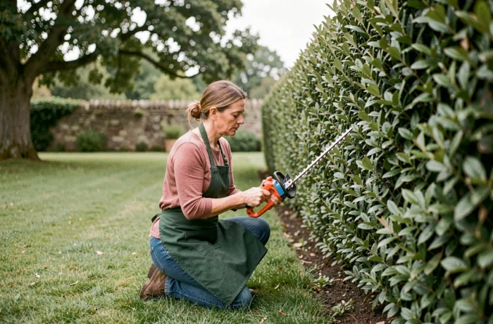 Femme inspectant la lame de son taille-haie après la taille d'une haie de troène dans un jardin de campagne