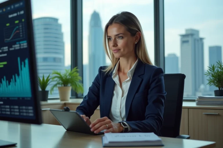Femme professionnelle analysant des plateformes d'investissement immobilier en ligne sur plusieurs écrans dans un bureau moderne