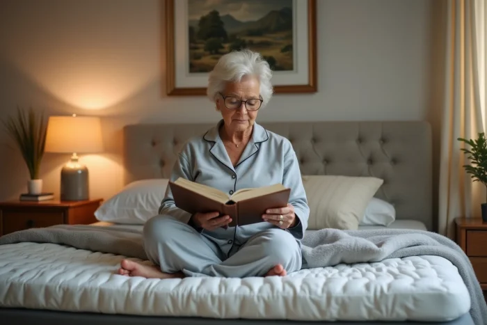 Femme d'une cinquantaine d'années lisant confortablement assise sur un matelas en latex posé sur un lit électrique relevé, dans une chambre cosy et chaleureuse
