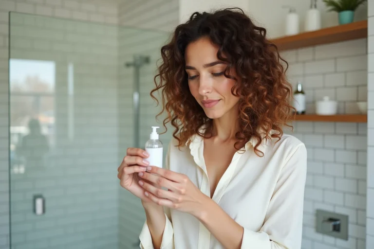 Femme lisant attentivement la notice d'un produit capillaire médicamenteux dans une salle de bain moderne pour éviter les effets secondaires