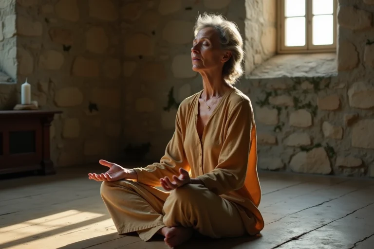 Femme en méditation dans une chapelle en pierre ancienne, illustrant la quête spirituelle contemporaine