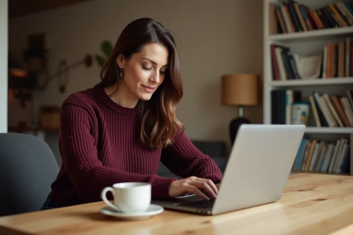 Femme consultant les prix rouges La Redoute sur un ordinateur portable dans un appartement moderne