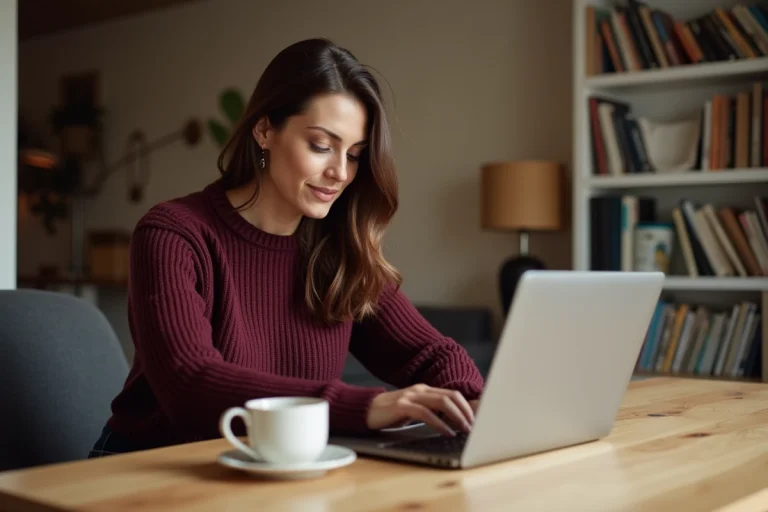 Femme consultant les prix rouges La Redoute sur un ordinateur portable dans un appartement moderne
