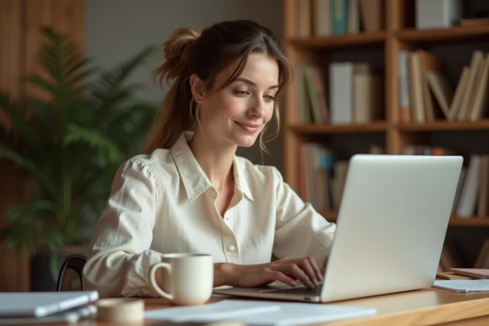Jeune femme consultant un service de papeterie en ligne sur son ordinateur portable dans un bureau créatif et chaleureux