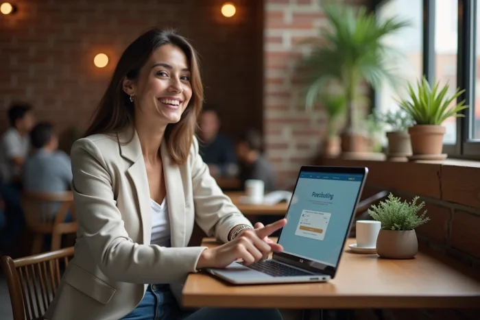 Femme consultant le calendrier des tarifs Ryanair sur un ordinateur portable dans un café pour trouver des billets pas chers