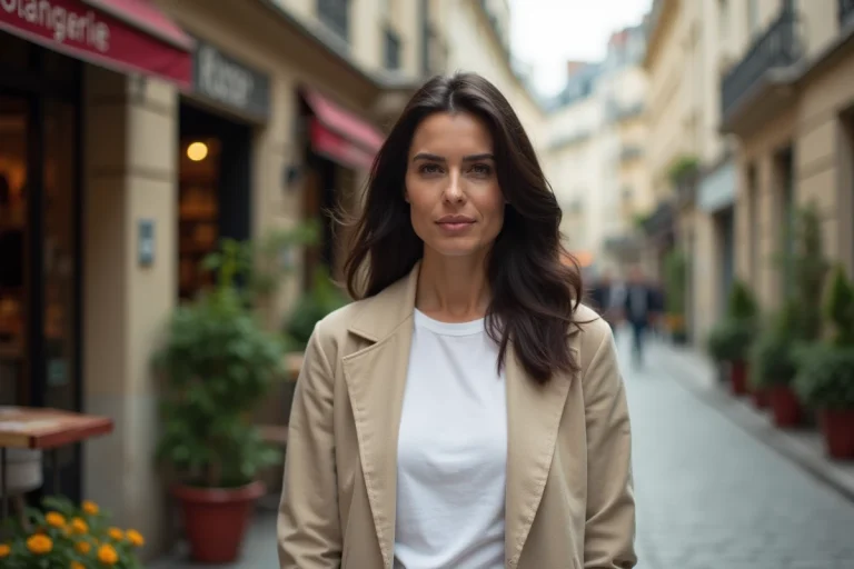 Femme aux cheveux ondulés marchant dans une rue pavée parisienne, style éditorial discret et naturel