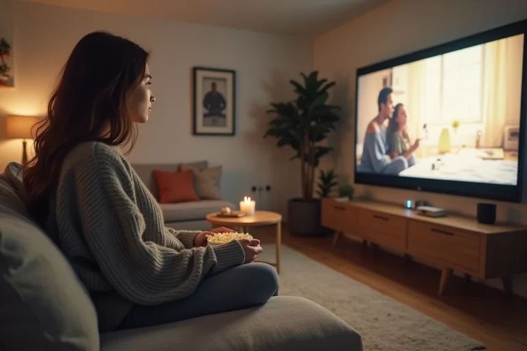 Jeune femme regardant un film en streaming sur grand écran dans un salon cosy et moderne